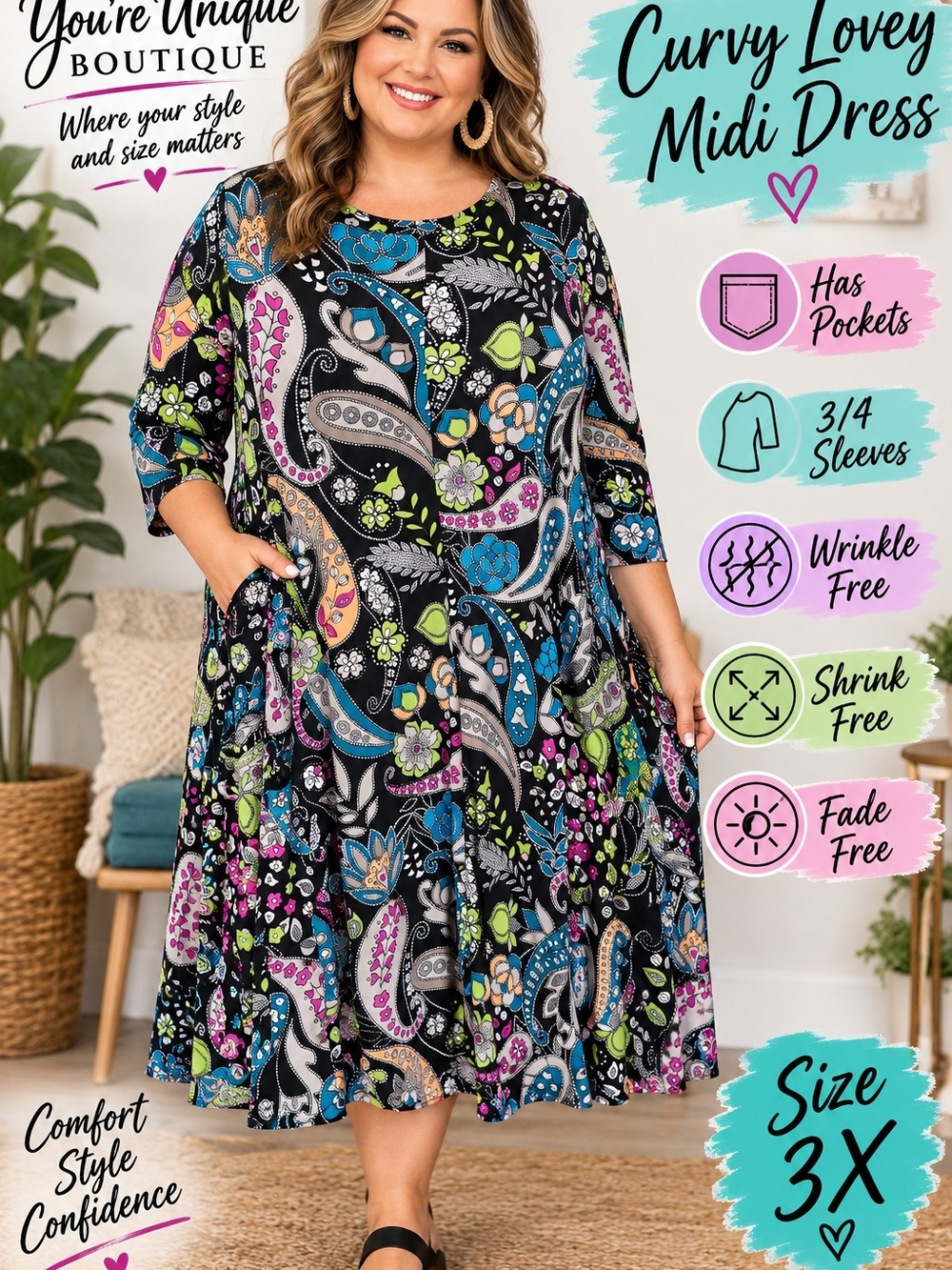 Curvy Lovey Midi Dress - Black Multi Paisley (3X)